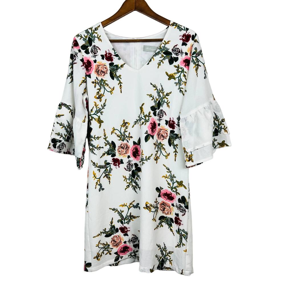 Belongsci Floral Dress V Neck 3/4 Flutter Sleeve - M